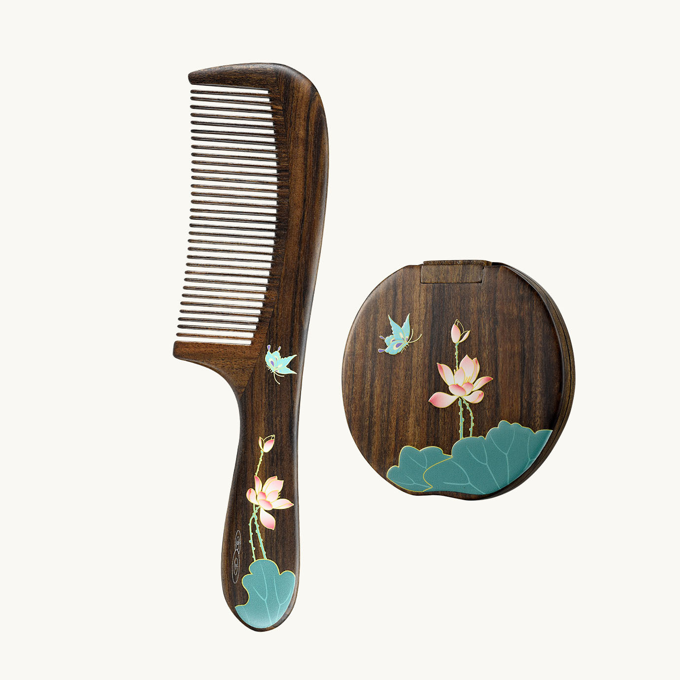 Ensemble peigne et miroir en bois (Papillon et Lotus) Ensemble peigne et miroir en bois (Papillon et Lotus)